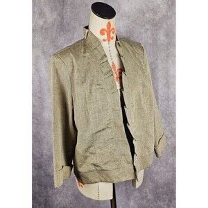 VTG Dressbarn Womens XL Beige Brown Ruffle Open Linen Blend Blazer Jacket EUC